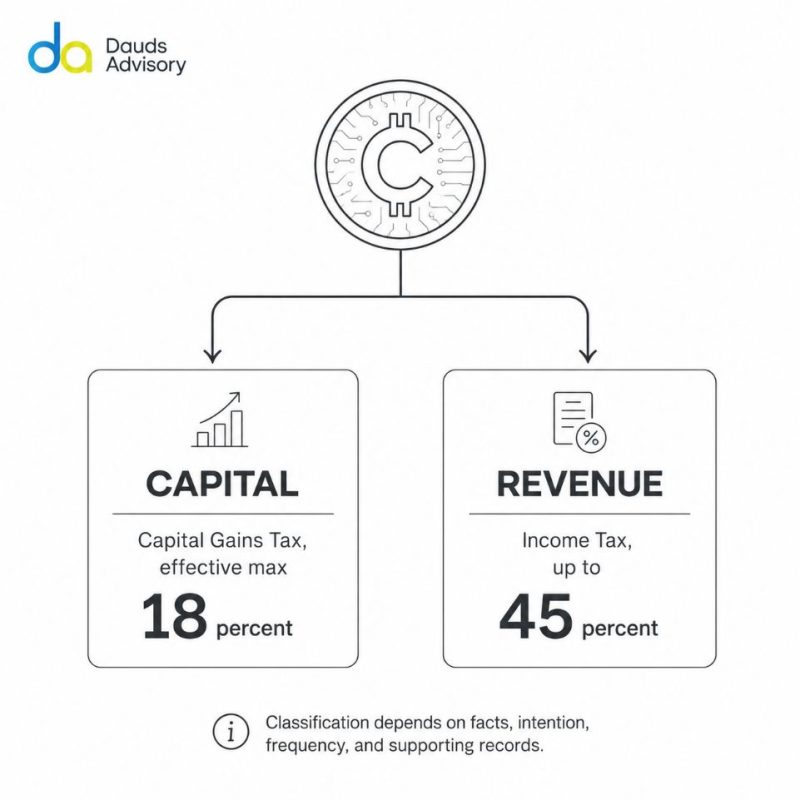 Crypto tax advisory by Dauds Advisory Sandton explains capital gains versus income taxation